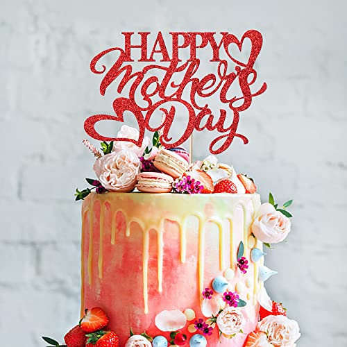 Happy mother's day cake topper，birthday party decoration for mom, Best Mom Ever Cake Decor, Mother's Day Party Red Glitter cake decoration supplies (1)