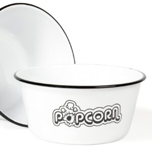 Red Co. Set of 2 Extra Large Enamelware Metal Classic 4 Quart Mixing & Serving Popcorn Bowls, White/Black Rim