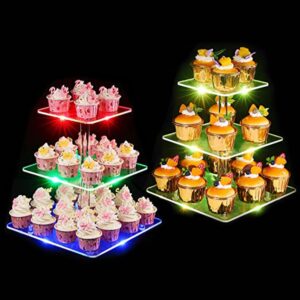 2 Set - 3 Tiers LED Acrylic Cupcake Stand, Rechargeable Clear Dessert Display Stand Cupcake Tower for Christmas, Weddings, Anniversaries, Baby Showers, Birthday Parties