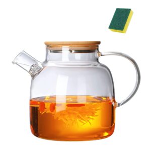 glass teapot stovetop & microwave safe, 34oz/1000ml glass borosilicate teapot with removable filter spout, glass teapots with bamboo lid, teapot for loose leaf, fruit tea, blooming tea