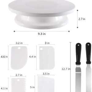 11 Inch Rotating Cake Turntable with 2 Icing Spatula and 4 Icing Smoother, Revolving Cake Stand White Baking Cake Decorating Supplies(Total 7 PCS)