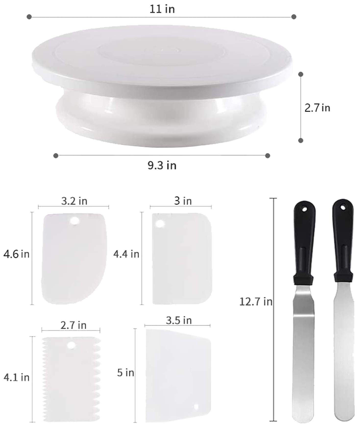 11 Inch Rotating Cake Turntable with 2 Icing Spatula and 4 Icing Smoother, Revolving Cake Stand White Baking Cake Decorating Supplies(Total 7 PCS)