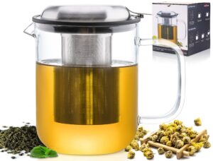 aquach glass teapot pitcher with removable infuser for loose and blooming tea 34oz/1000ml, dishwasher&stovetop safe tea maker kettle set with stainless steel lid