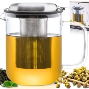 Aquach Glass Teapot Pitcher with Removable Infuser for Loose and Blooming Tea 34oz/1000ml, Dishwasher&Stovetop Safe Tea Maker Kettle Set with Stainless Steel Lid