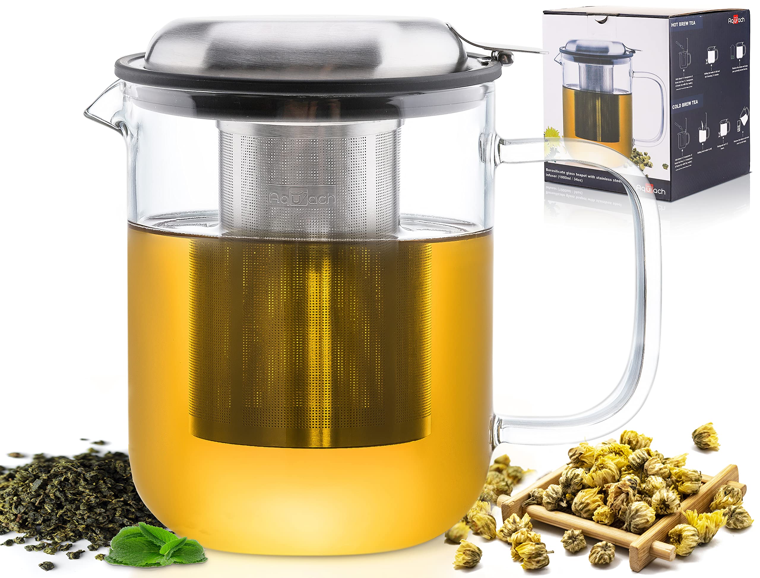 Aquach Glass Teapot Pitcher with Removable Infuser for Loose and Blooming Tea 34oz/1000ml, Dishwasher&Stovetop Safe Tea Maker Kettle Set with Stainless Steel Lid