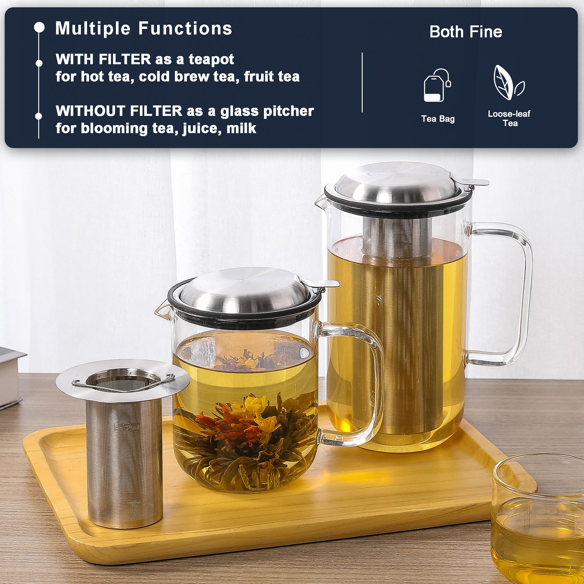 Aquach Glass Teapot Pitcher with Removable Infuser for Loose and Blooming Tea 34oz/1000ml, Dishwasher&Stovetop Safe Tea Maker Kettle Set with Stainless Steel Lid