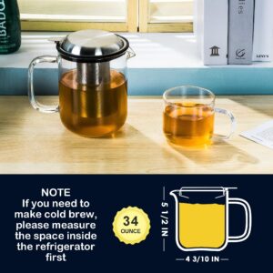 Aquach Glass Teapot Pitcher with Removable Infuser for Loose and Blooming Tea 34oz/1000ml, Dishwasher&Stovetop Safe Tea Maker Kettle Set with Stainless Steel Lid