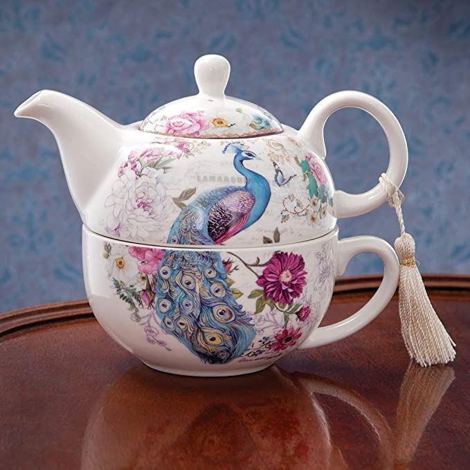 Bits and Pieces - Tea For One Peacock Porcelain Teapot and Cup Set - Elegant Peacock Design With Delicate Tassel on Teapot Handle Makes Great Decoration - Includes Decorative Gift Box