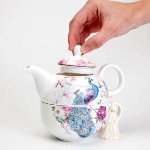 Bits and Pieces - Tea For One Peacock Porcelain Teapot and Cup Set - Elegant Peacock Design With Delicate Tassel on Teapot Handle Makes Great Decoration - Includes Decorative Gift Box