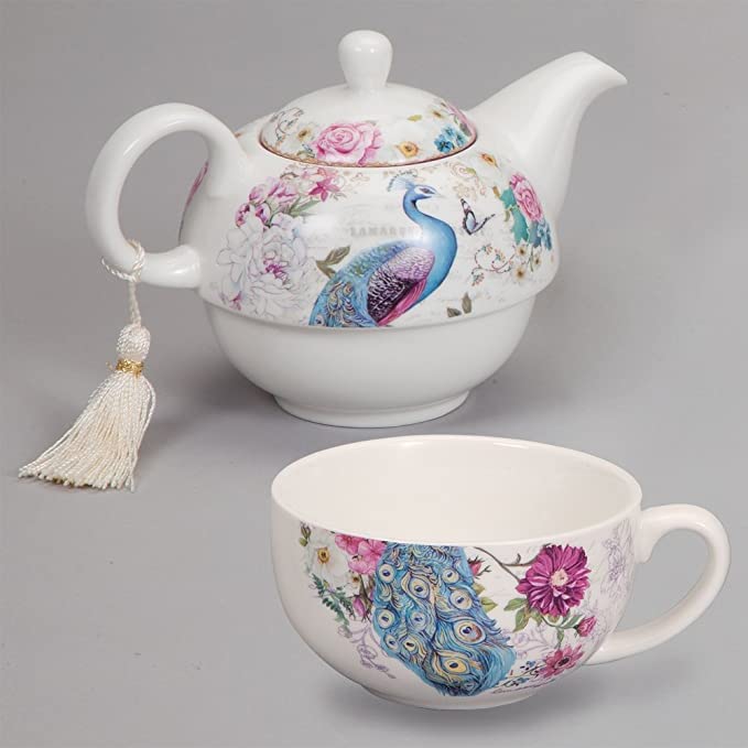 Bits and Pieces - Tea For One Peacock Porcelain Teapot and Cup Set - Elegant Peacock Design With Delicate Tassel on Teapot Handle Makes Great Decoration - Includes Decorative Gift Box