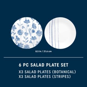 Corelle 6-Piece 8.5" Vitrelle Glass Lunch Plates, Lightweight, Scratch Resistant - Botanical Stripes