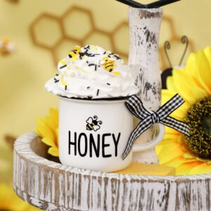 Nefelibata Farmhouse Bumble Bee Tiered Tray Decoration Honey Mini Coffee Mugs with Faux Bee Whipped Cream Toppers Spring Summer Coffee Bar Table Decor Cute Bee Day Party Photo Prop