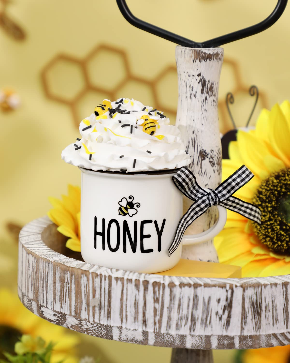 Nefelibata Farmhouse Bumble Bee Tiered Tray Decoration Honey Mini Coffee Mugs with Faux Bee Whipped Cream Toppers Spring Summer Coffee Bar Table Decor Cute Bee Day Party Photo Prop