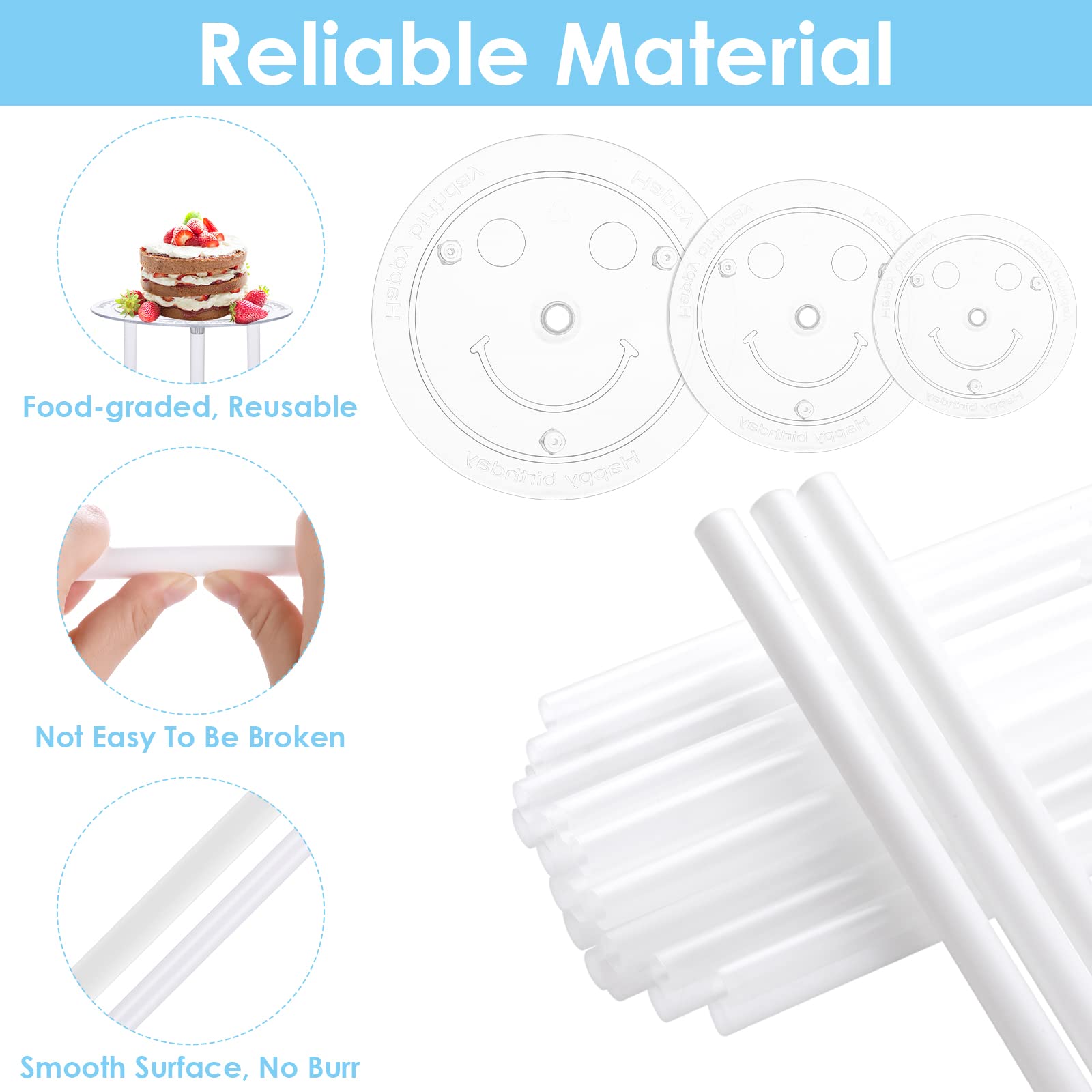 Cake Dowel Rods Set, 15 Pcs Cake Dowels Rods with 3 Pcs Cake Boards (4, 6, 8 Inch) Cake Dowels for Tiered Cakes, Plastic Cake Support Rods for Wedding Cake Construction and Stacking