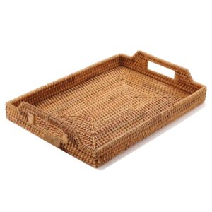hand-woven rattan serving tray with handles for breakfast, drinks, snack for dining/coffee table (17 inch (43 cm), rectangular)