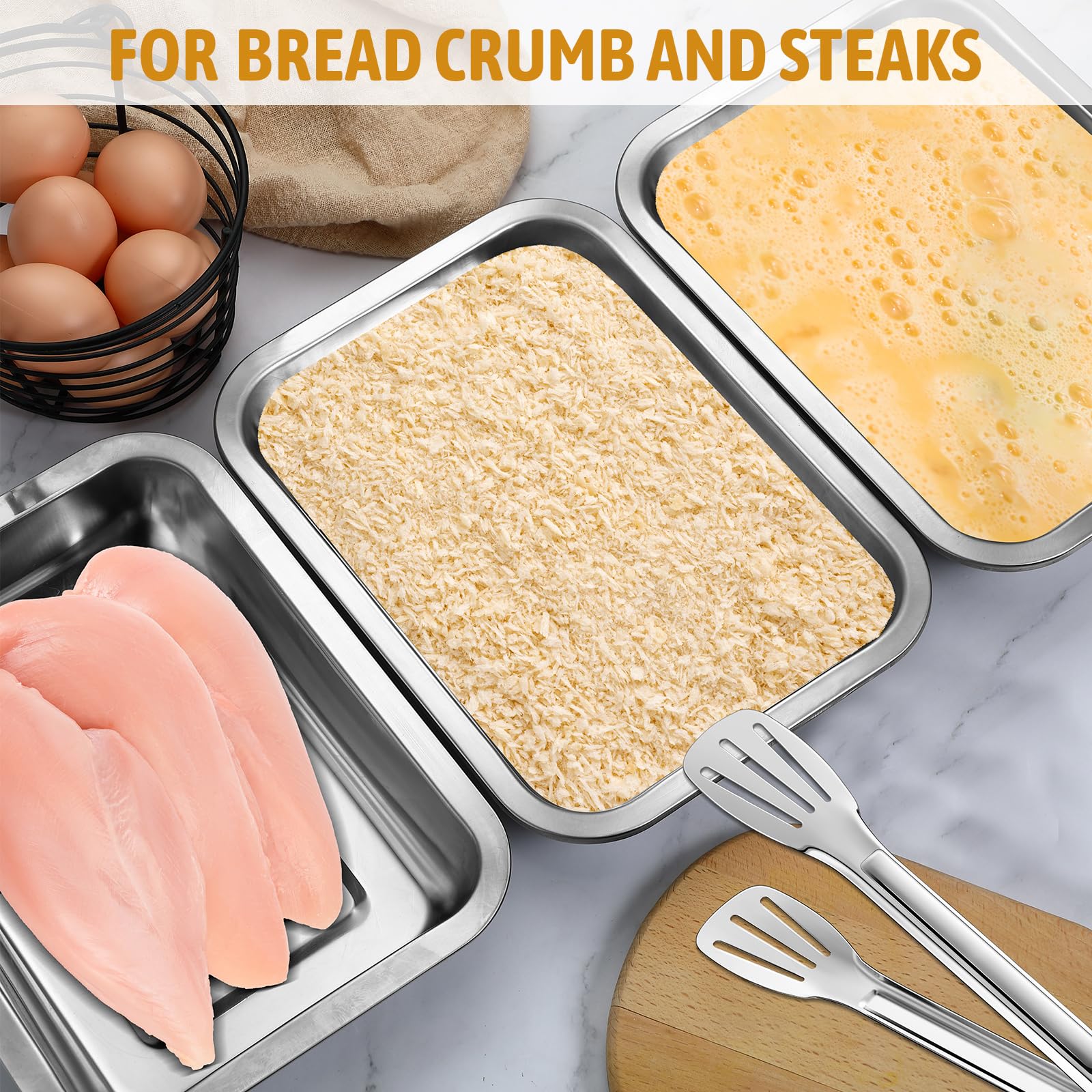 Breading Trays Set of 3 Large 10.4 x 7.7 x 1.9 Inch Stainless Steel Breading Pans with Tong for Dredging Chicken Breasts and Marinating Meat, Food Prep Trays for Breadcrum Dishes, Schnitzel