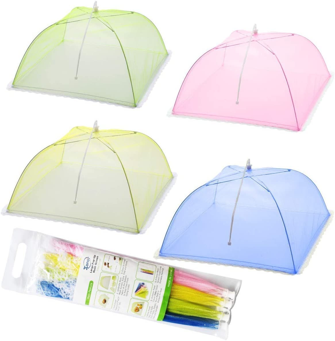 Mesh Screen Food Cover Tents - Set of 4 Umbrella Screens to Keep Bugs And Flies Away From Food at Picnics, BBQ & More - 4 Colors (Pink, Green, Blue, Yellow)