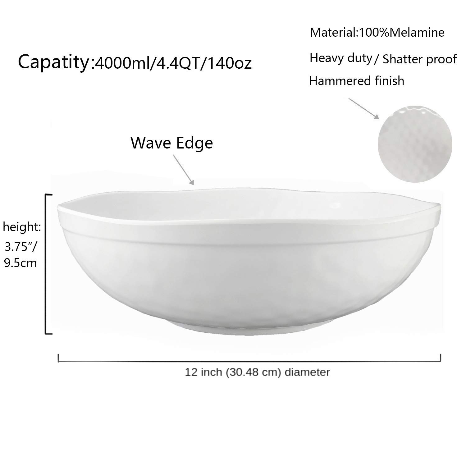 KX-WARE Melamine Serving Bowls -2pcs 12inch Larger Salad Bowls/Mixing Bowls,White Color| Break-resistant 100% Melamine Bowls | Dishwasher Safe,BPA Free