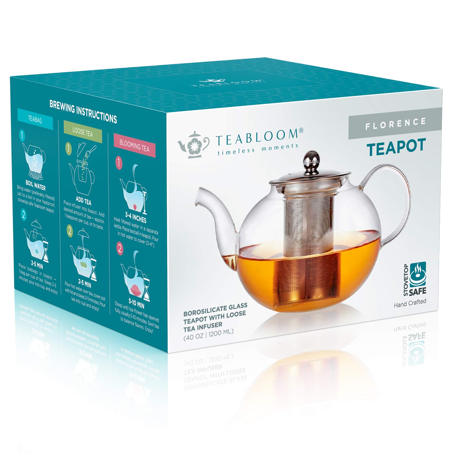 Teabloom Heatproof Glass Teapot with Stainless Steel Infuser – Stovetop Safe Kettle – Florence Tea Maker