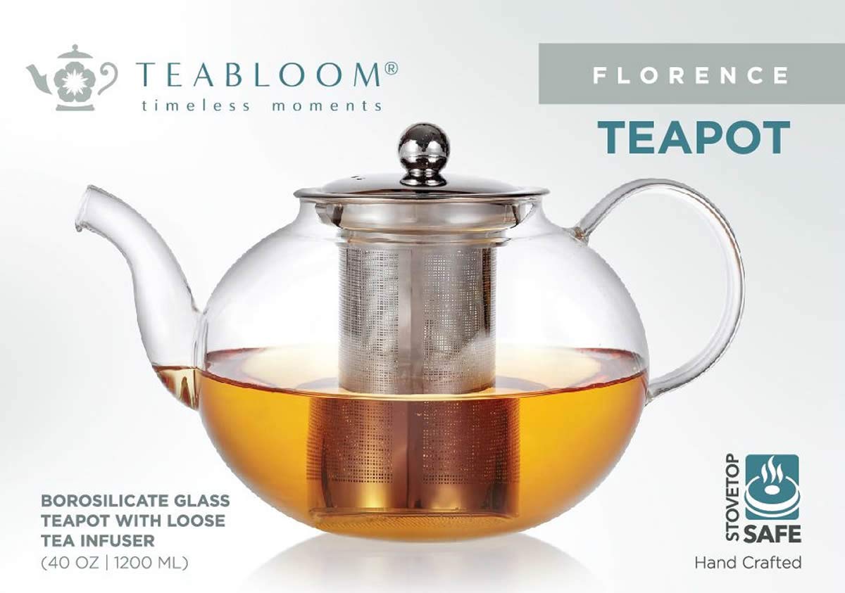 Teabloom Heatproof Glass Teapot with Stainless Steel Infuser – Stovetop Safe Kettle – Florence Tea Maker