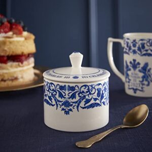 Portmeirion Home & Gifts Spode King Charles III Coronation Lidded Covered Sugar Bowl 280ml, Blue & White Pattern UK Made