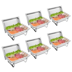 rovsun 8 qt 6 pack full size stainless steel chafing dishes buffet set, nsf silver rectangular catering chafer warmer set with trays pan lid folding frame stand for kitchen party banquet dining