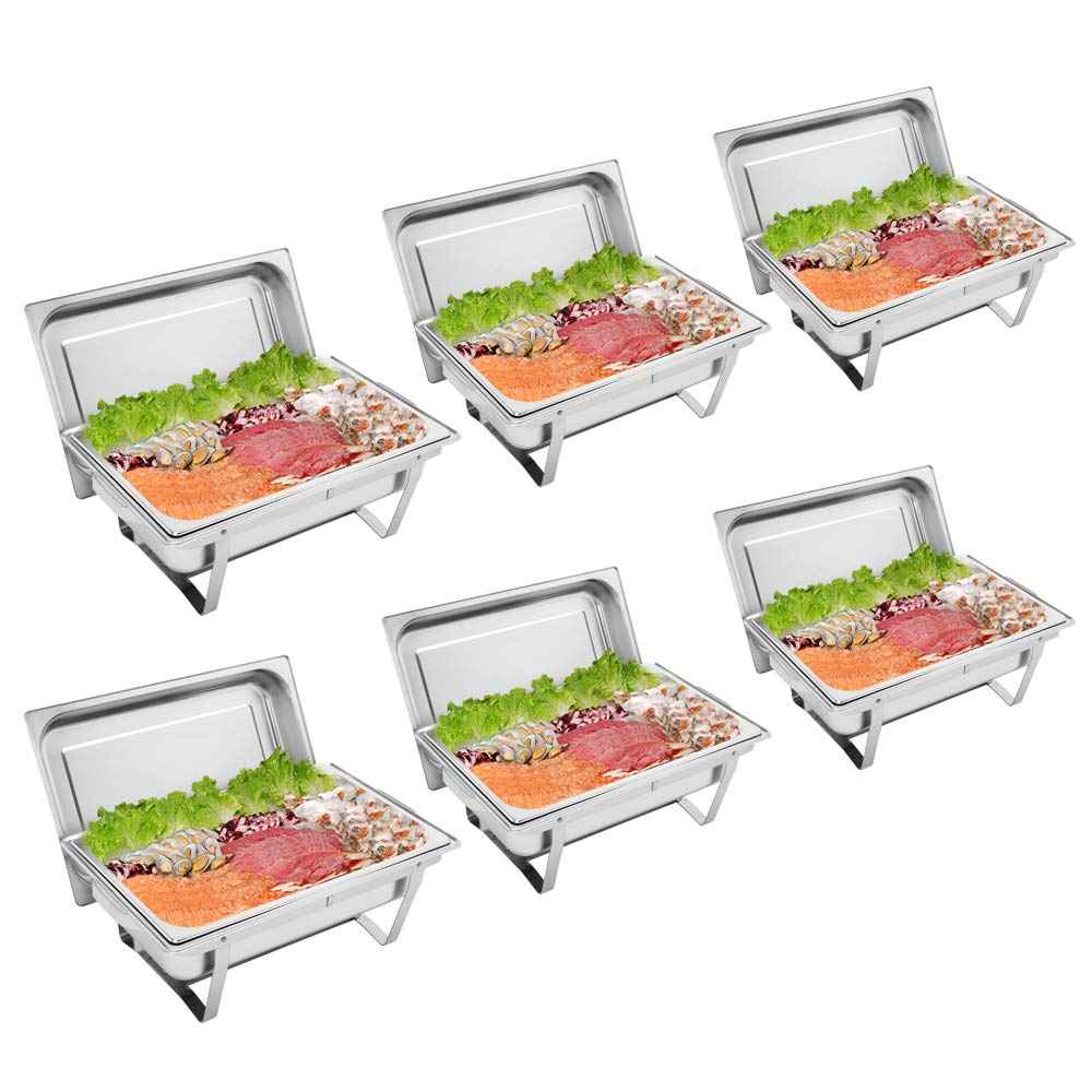 ROVSUN 8 Qt 6 Pack Full Size Stainless Steel Chafing Dishes Buffet Set, NSF Silver Rectangular Catering Chafer Warmer Set with Trays Pan Lid Folding Frame Stand for Kitchen Party Banquet Dining