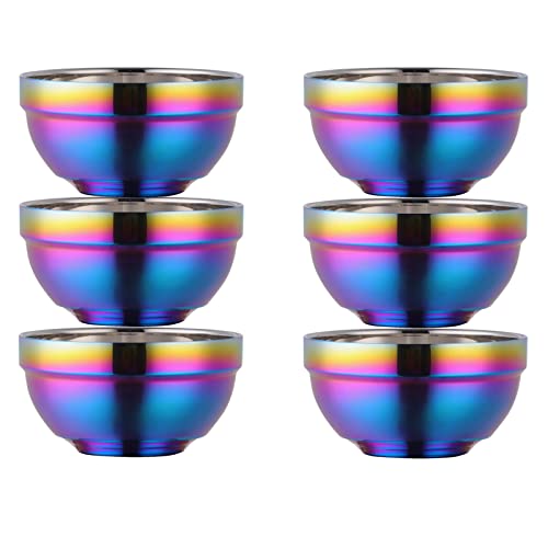 TUPMFG Rainbow Stainless Steel Bowls Rice Bowl 18 Oz Cereal Bowl Deep Soup of 6 with Double Walled Insulated Dishwasher Safe Unbreakable Bowl Home Kitchen & Child (Rainbow)