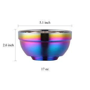TUPMFG Rainbow Stainless Steel Bowls Rice Bowl 18 Oz Cereal Bowl Deep Soup of 6 with Double Walled Insulated Dishwasher Safe Unbreakable Bowl Home Kitchen & Child (Rainbow)