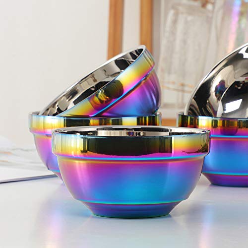 TUPMFG Rainbow Stainless Steel Bowls Rice Bowl 18 Oz Cereal Bowl Deep Soup of 6 with Double Walled Insulated Dishwasher Safe Unbreakable Bowl Home Kitchen & Child (Rainbow)