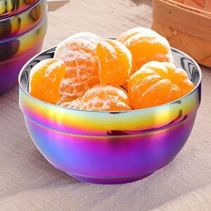 TUPMFG Rainbow Stainless Steel Bowls Rice Bowl 18 Oz Cereal Bowl Deep Soup of 6 with Double Walled Insulated Dishwasher Safe Unbreakable Bowl Home Kitchen & Child (Rainbow)