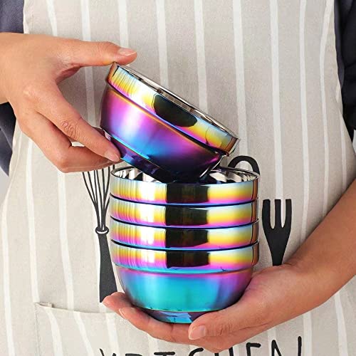 TUPMFG Rainbow Stainless Steel Bowls Rice Bowl 18 Oz Cereal Bowl Deep Soup of 6 with Double Walled Insulated Dishwasher Safe Unbreakable Bowl Home Kitchen & Child (Rainbow)