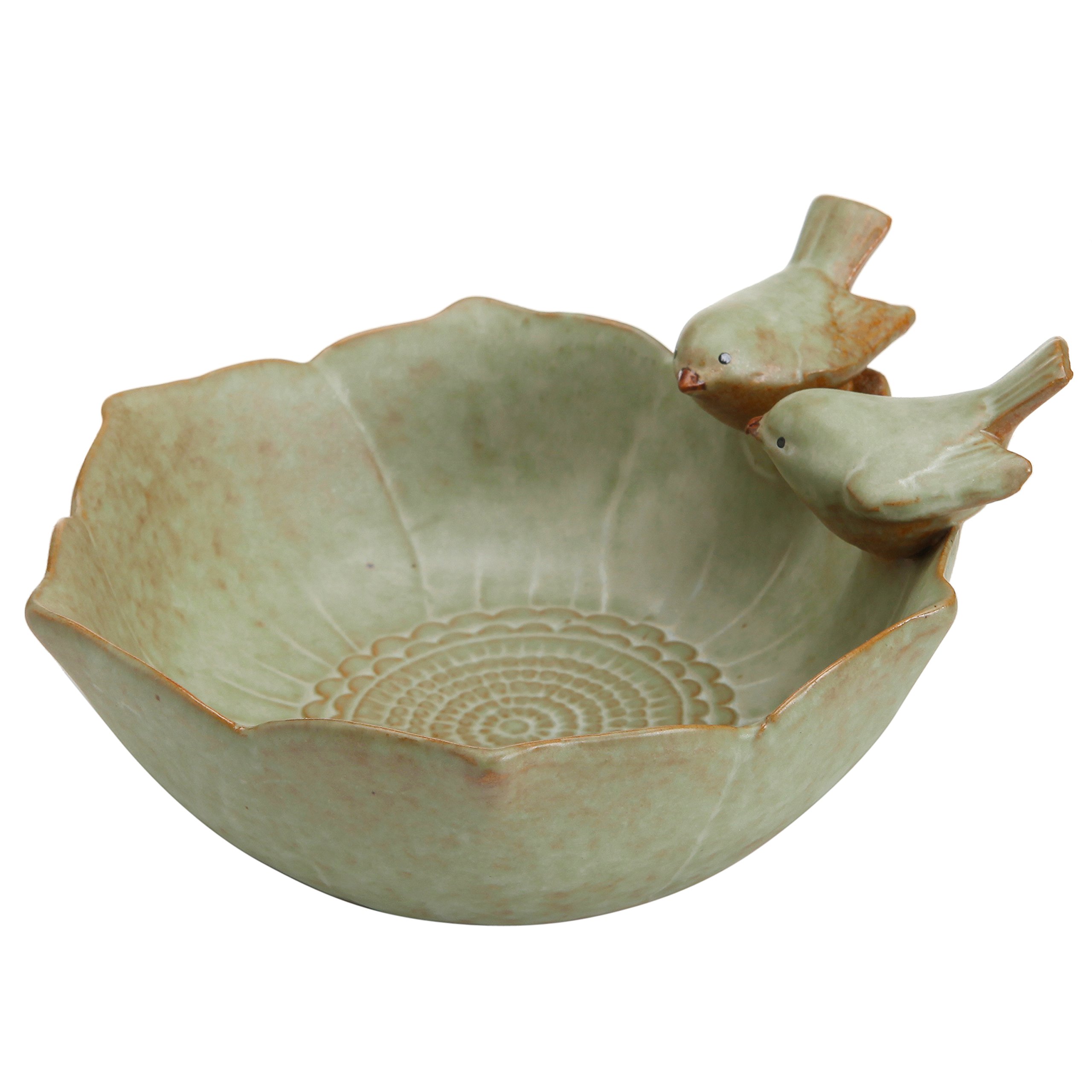 MyGift Decorative 2 Birds Garden Design Ceramic Green Serving Bowl/Jewelry Tray/Candy & Nut Dish