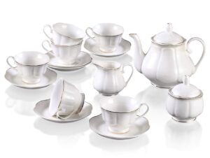 guangyang gy 15-pcs lotus shape porcelain tea set with 7oz 6 tea cups and 6 saucers,1 teapot sugar bowl,1 cream pitcher,white