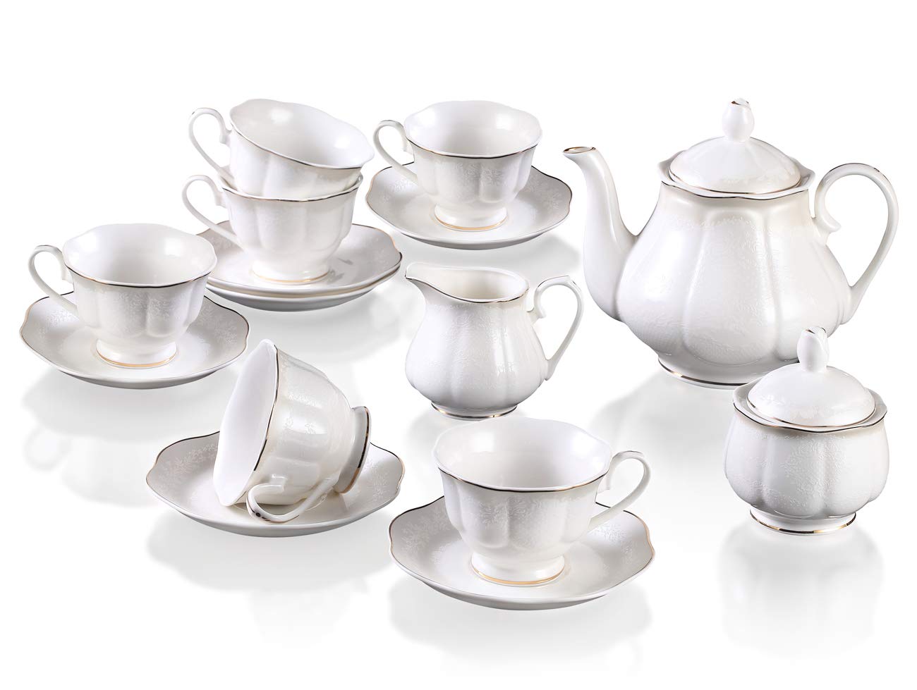 GUANGYANG GY 15-pcs Lotus Shape Porcelain Tea set with 7oz 6 Tea Cups and 6 Saucers,1 Teapot Sugar Bowl,1 Cream Pitcher,White