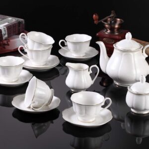 GUANGYANG GY 15-pcs Lotus Shape Porcelain Tea set with 7oz 6 Tea Cups and 6 Saucers,1 Teapot Sugar Bowl,1 Cream Pitcher,White