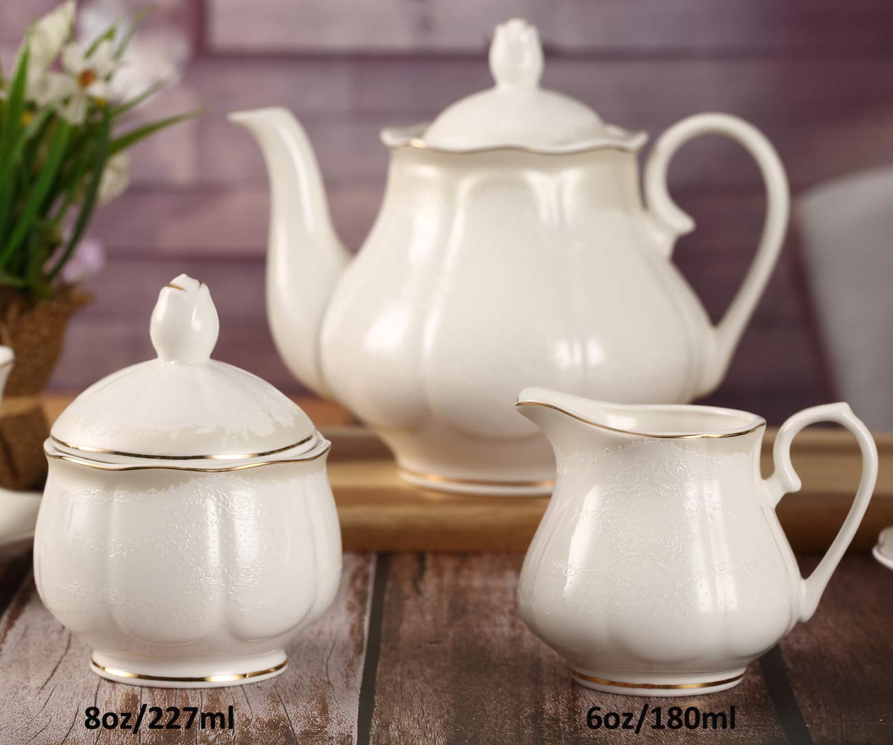 GUANGYANG GY 15-pcs Lotus Shape Porcelain Tea set with 7oz 6 Tea Cups and 6 Saucers,1 Teapot Sugar Bowl,1 Cream Pitcher,White