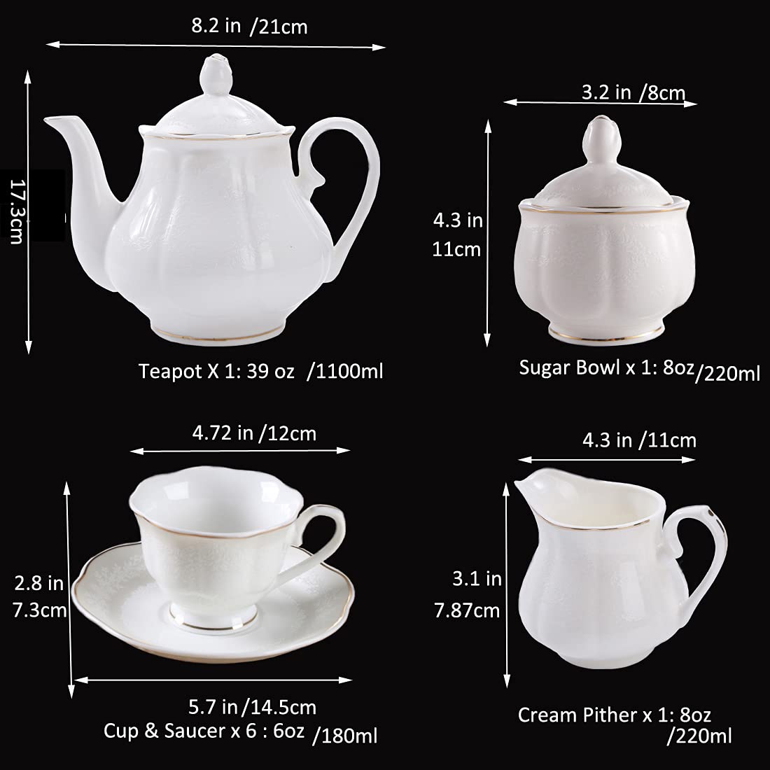 GUANGYANG GY 15-pcs Lotus Shape Porcelain Tea set with 7oz 6 Tea Cups and 6 Saucers,1 Teapot Sugar Bowl,1 Cream Pitcher,White