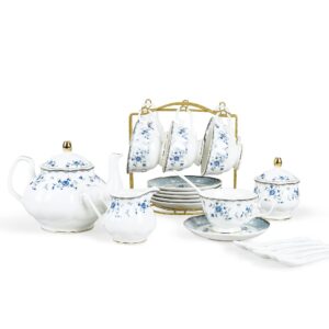 fanquare 15 piece blue rose porcelain tea set, british floral teapot with tea cups, women tea party set for 6