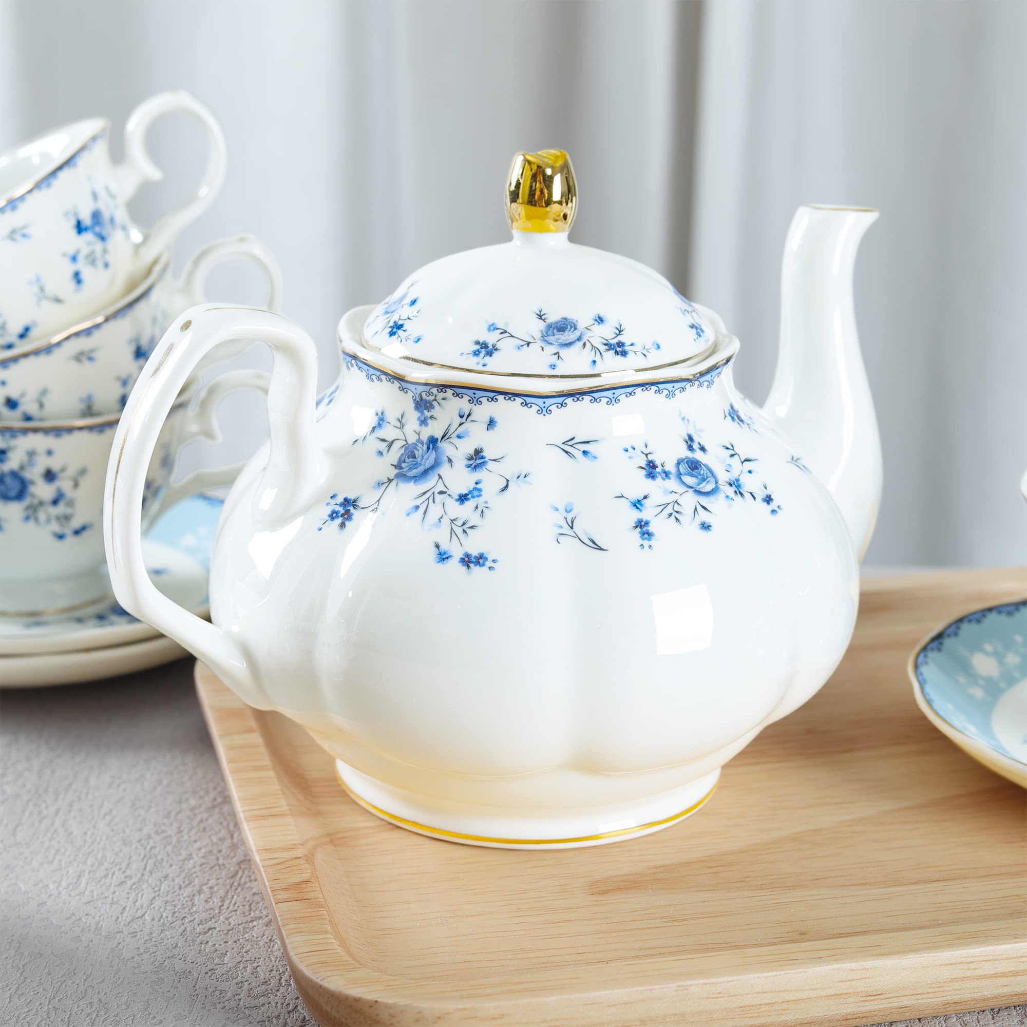 fanquare 15 Piece Blue Rose Porcelain Tea Set, British Floral Teapot with Tea Cups, Women Tea Party Set for 6