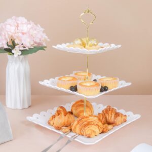 4 Pieces Plastic Cake Stand Set with 2pcs Large 3-Tier Cupcake Stands + 2pcs Appetizer Trays Perfect for Wedding Birthday Baby Shower Tea Party (White)