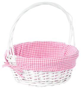 white round willow gift basket, with pink gingham liner and handle - medium