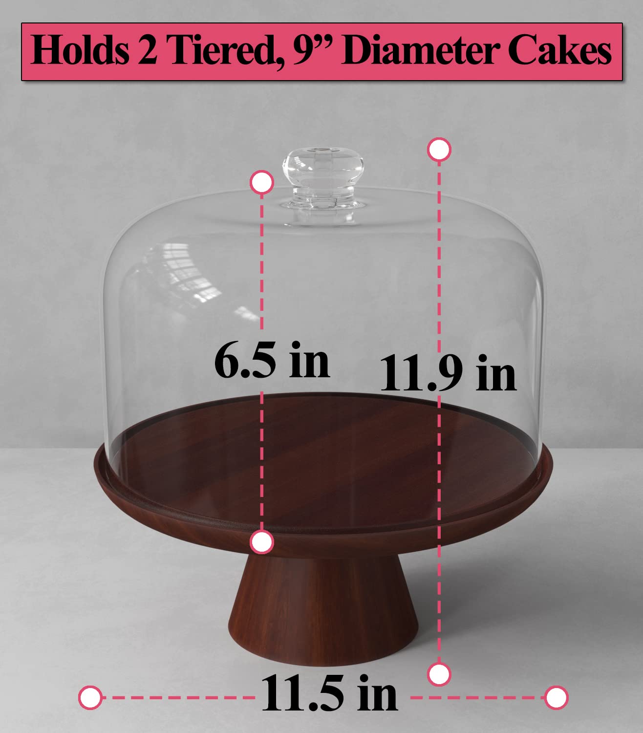 Wood Cake Stand with Dome - 11.5"D Wooden Cake Stand with Acrylic Shatterproof Dome - Cake Display Stand with Cover - Covered Cake Stand with Lid - Pastry Stand with Dome - Large Cake Stand with Cover