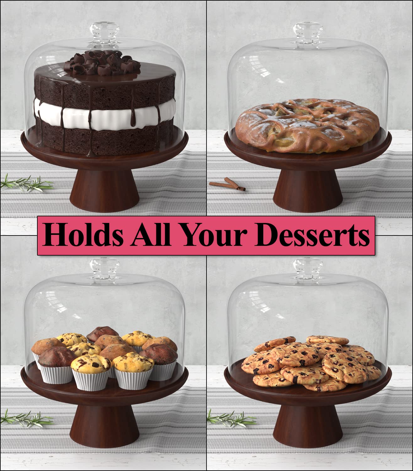 Wood Cake Stand with Dome - 11.5"D Wooden Cake Stand with Acrylic Shatterproof Dome - Cake Display Stand with Cover - Covered Cake Stand with Lid - Pastry Stand with Dome - Large Cake Stand with Cover