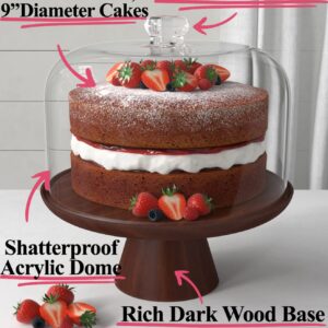 Wood Cake Stand with Dome - 11.5"D Wooden Cake Stand with Acrylic Shatterproof Dome - Cake Display Stand with Cover - Covered Cake Stand with Lid - Pastry Stand with Dome - Large Cake Stand with Cover