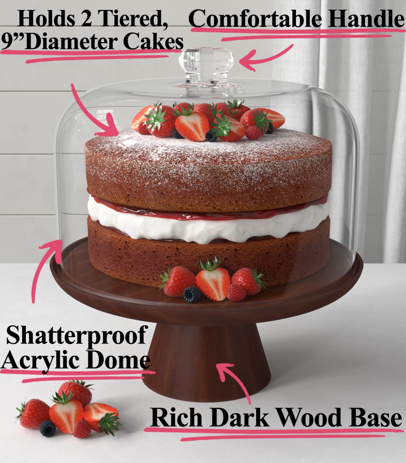 Wood Cake Stand with Dome - 11.5"D Wooden Cake Stand with Acrylic Shatterproof Dome - Cake Display Stand with Cover - Covered Cake Stand with Lid - Pastry Stand with Dome - Large Cake Stand with Cover