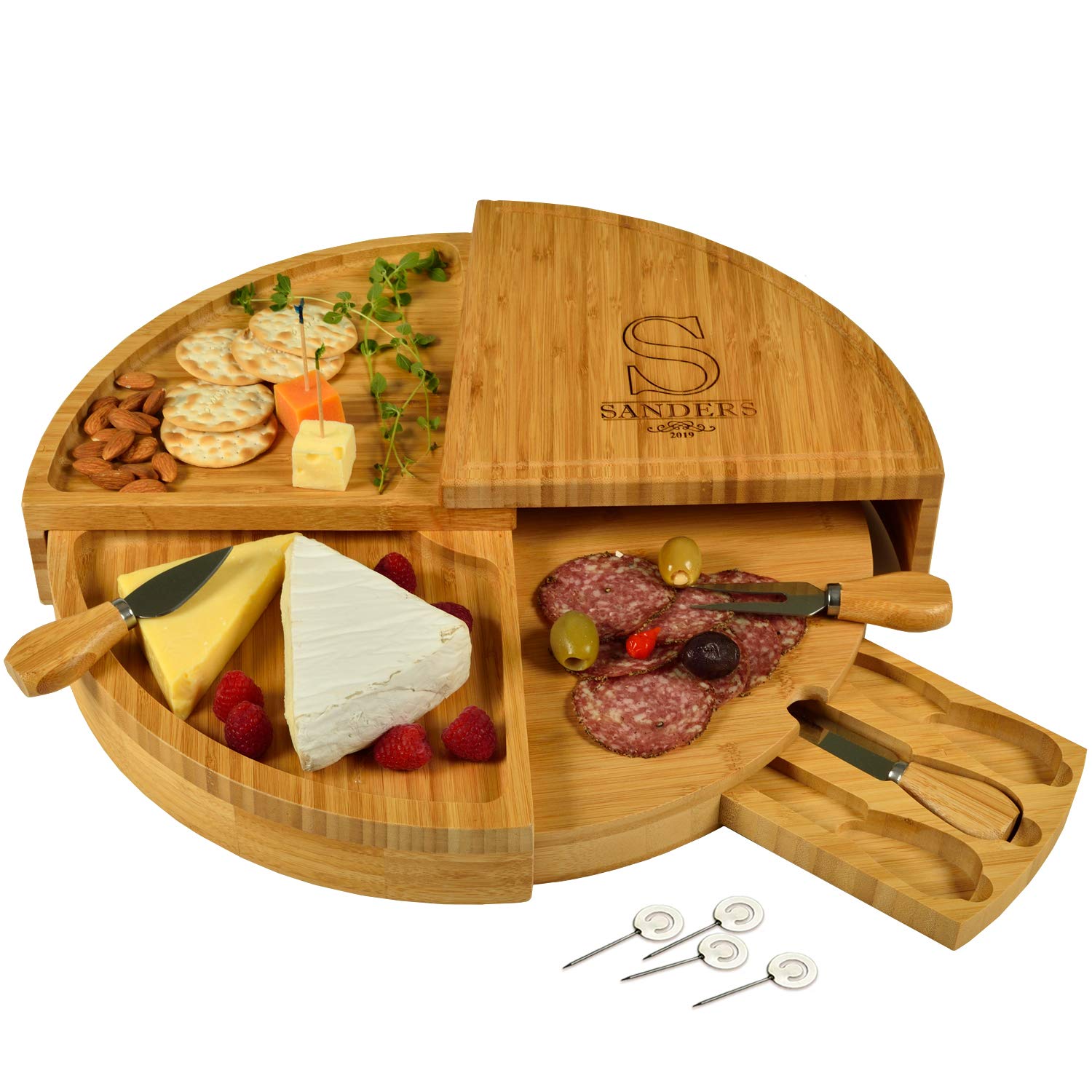 Picnic at Ascot Delux Custom Engraved Bamboo Cheese/Charcuterie Cutting Board - Patented Design - Quality Assured