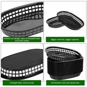 100 Pcs Fast Food Serving Baskets Bulk 10.5 x 7 Inch, Plastic Oval Restaurant Basket Black Chip Basket Reusable Bread Sandwich Baskets for Retro Food Fry Burgers Baskets Tray Party Deli Supplies