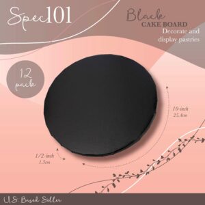 Spec101 Round Cake Boards Bulk 12pk - 10 Inch Cake Drum Round Black Cardboard Base with 1/2 Inch Thick Pleated Foil Edge