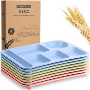 pinkunn 8 pcs large 14 inch wheat straw divided plates unbreakable divided plates dinnerware set microwave dishwasher school lunch tray lightweight plates(multicolor)